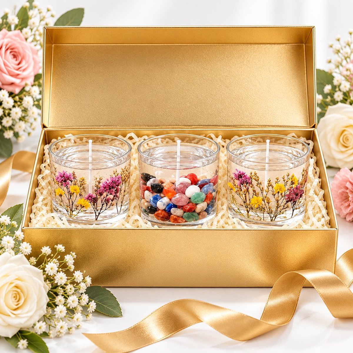 R&H® DIY Jellykaarsen Maakset - 9 Stuks Gelwas in 7 Kleuren, Inclusief Lonten, Lontstickers, Smeltpan en Droogbloemen