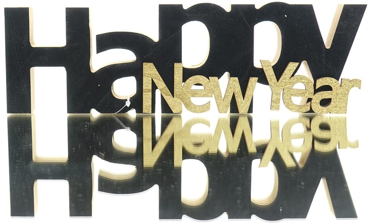 Boltze Tekstbord Naika Happy New Year Zwart-Goud 29,5 cm - hout