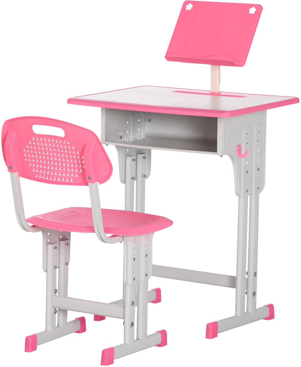 Kinderbureau set met stoel - Met leessteun - Met opbergkast - Met haak en pennenhouder - 60x45x90-102 cm - Roze