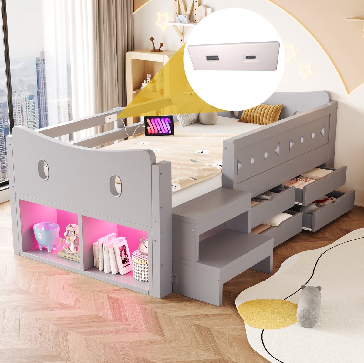 REDOM - Kinderbed - Opbergruimte met 4 lades en 2 vakken - Veiligheidsrek en zijtrap - LED-verlichting met USB- en Type-C-aansluitingen - Hout - Grijs - 90 x 200 cm