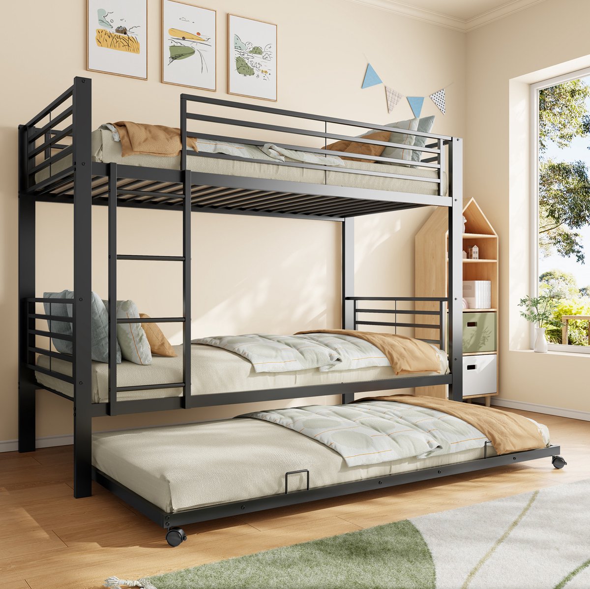 REDOM - Stapelbed met uitziehbed - Metalen bedframe - Met ladder - Met uitvalbeveiliging - Voor kinderkamer - Metaal - Zwart - 204,5 x 96 x 160 cm