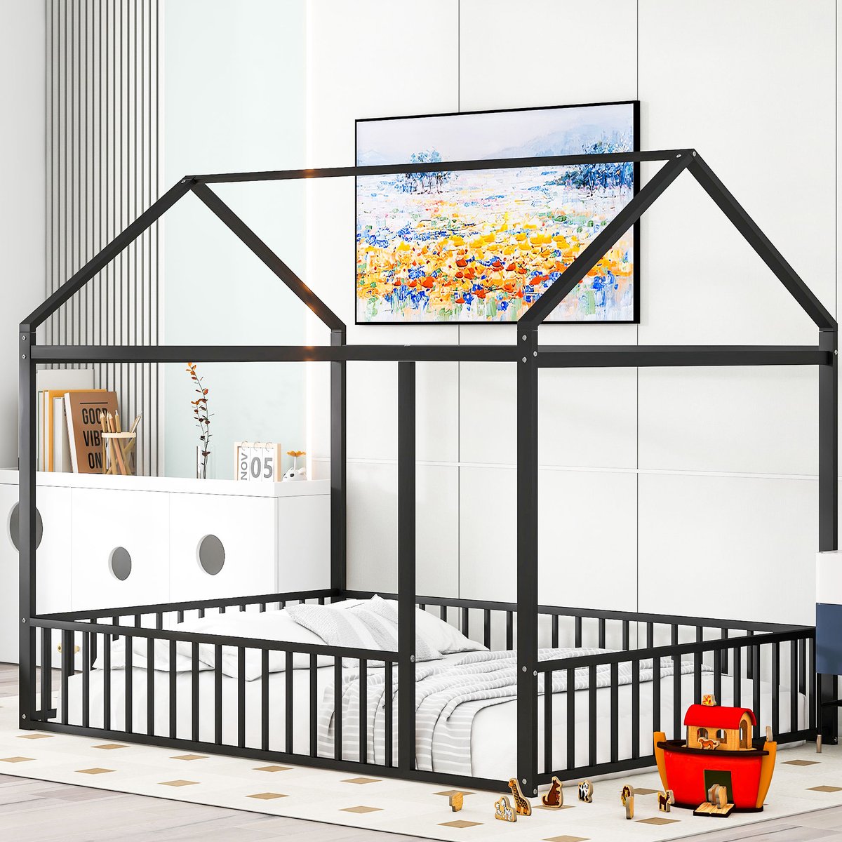 REDOM - Stapelbed - Metalen frame - Afgeronde hoeken - Veiligheidshekken - Moderne stijl - Kinderkamer - Metaal - Zwart - 90 x 200 cm