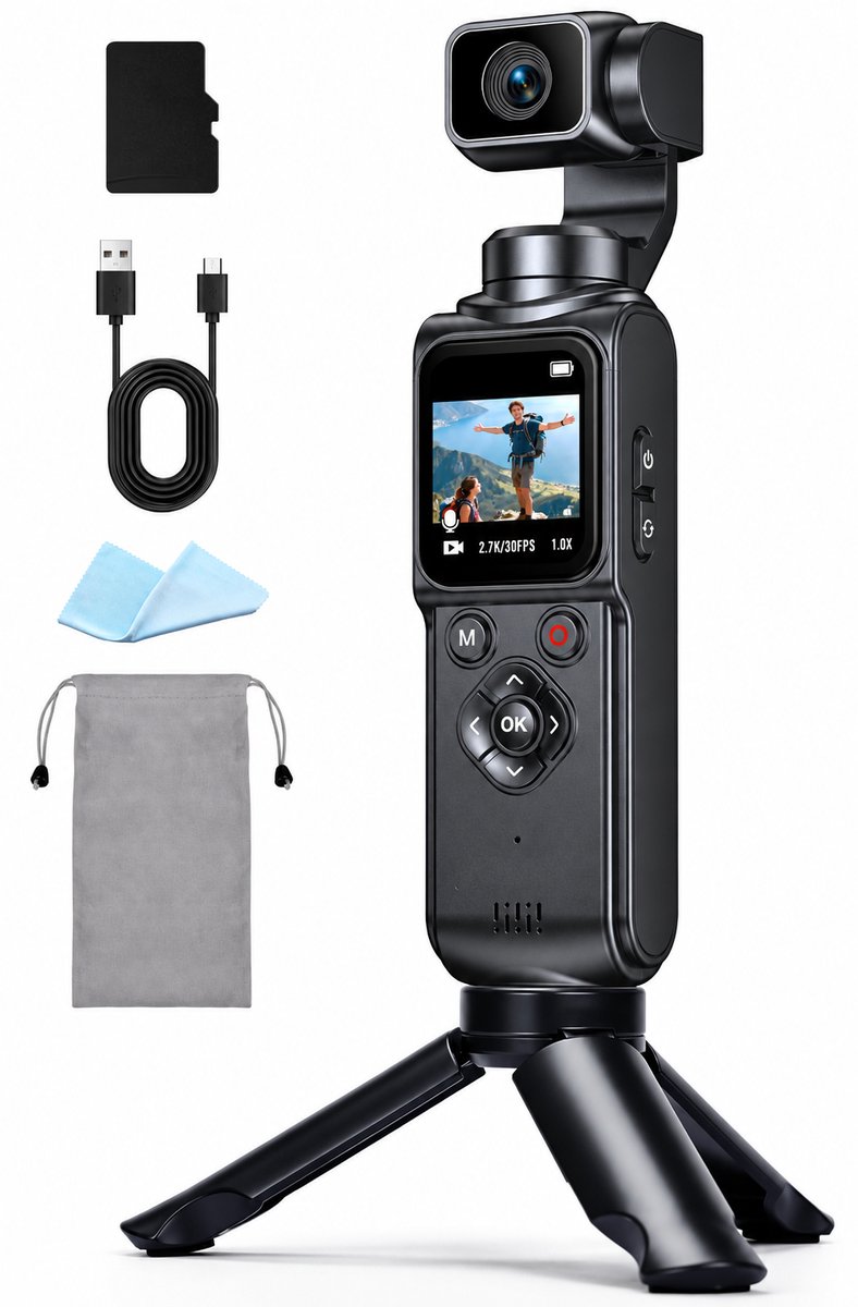Action Camera 4K – 64MP Vlogcamera – 2-Axis Gimbal Stabilisatie – AI Tracking – Touchscreen – 64GB Kaart