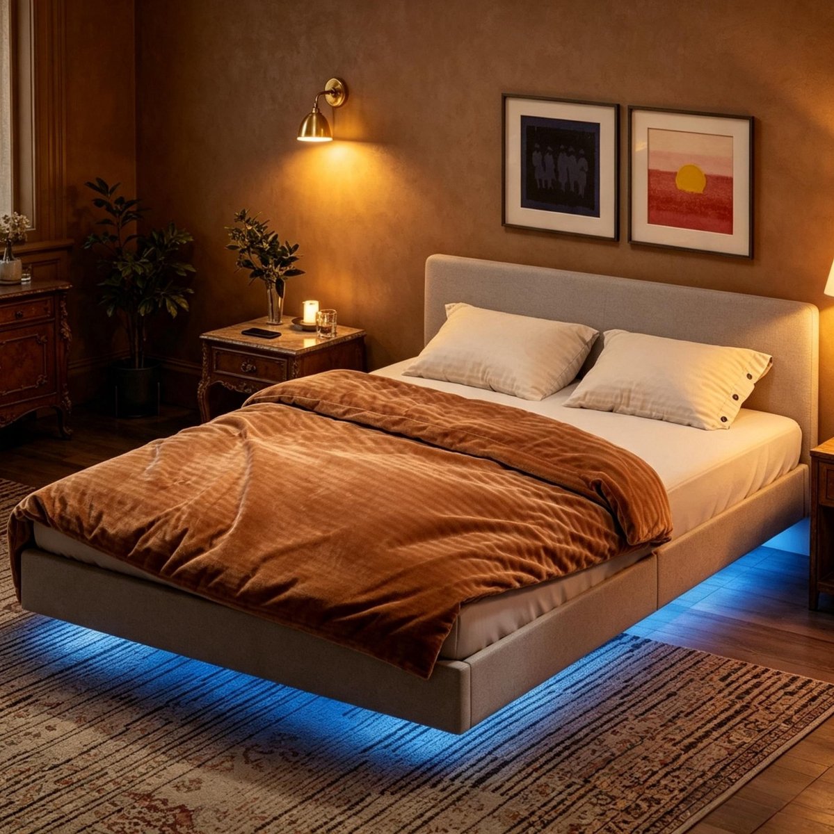 Bedframe 140x190 cm Zonder Matras Ledverlichting Tweepersoonsbed Met Verborgen Poten En Lattenbodem Beige Stoffering