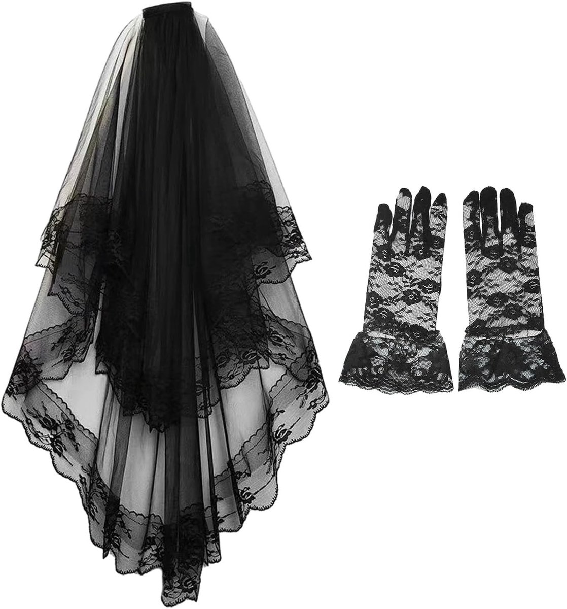 Zwart kant sluier met handschoenen, gothic trouwaccessoires, Halloween kostuumdecoratie en fotoshoots.