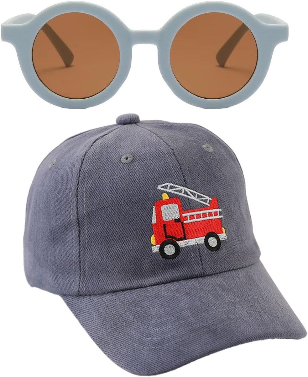 Leuke en grappige baseballpet met zonbescherming voor buitenactiviteiten, inclusief brandweerauto en zonnebril voor kinderen