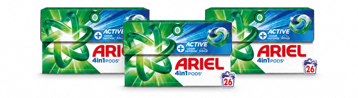 3 x Ariel - 4in1 Wasmiddel Pods - Actieve Geurbestrijding - 26 Pods - Voordeelverpakking - 3 stuks