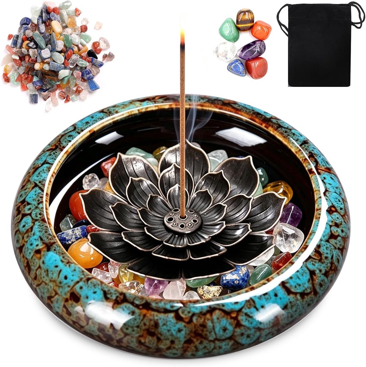 Verwijderbare Lotus Design Wierookhouder van Metaal met Drie Stappen en 7 Steenopeningen, Keramische Wierookbrander voor Thuis, Wierookstokjes, Cones en Spiralen