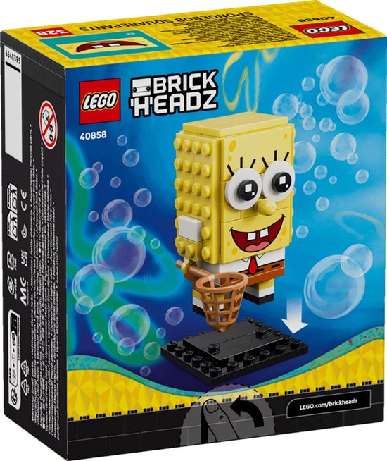Doos van LEGO BrickHeadz Spongebob Squarepants met figuur en bubbels op de achtergrond.