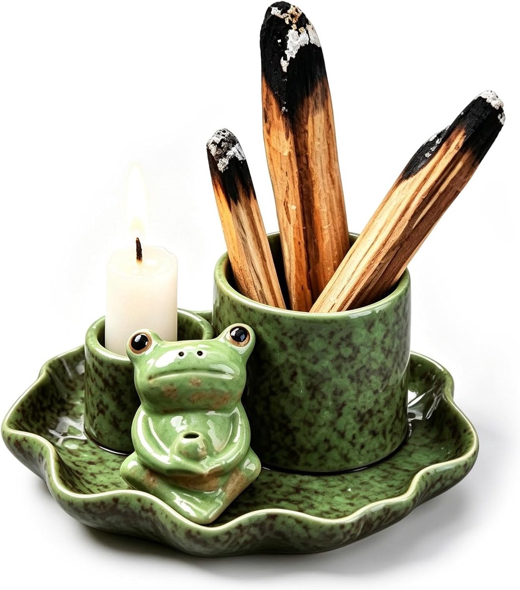 Keramische wierookschaal met kikker en lotusblad voor salie, Palo Santo en wierookstokjes, ideaal voor yoga en meditatie