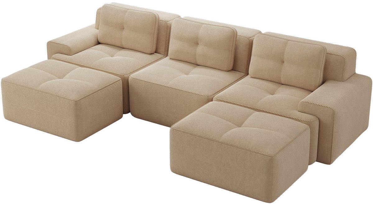 Merax U-Vormige Cloudbank 3-Zits - Beige Ribstof Loungebank 293 cm - Modulaire Bank met Hocker - Diepe Zitting - Antislip Onderzijde - Geen Montage Nodig