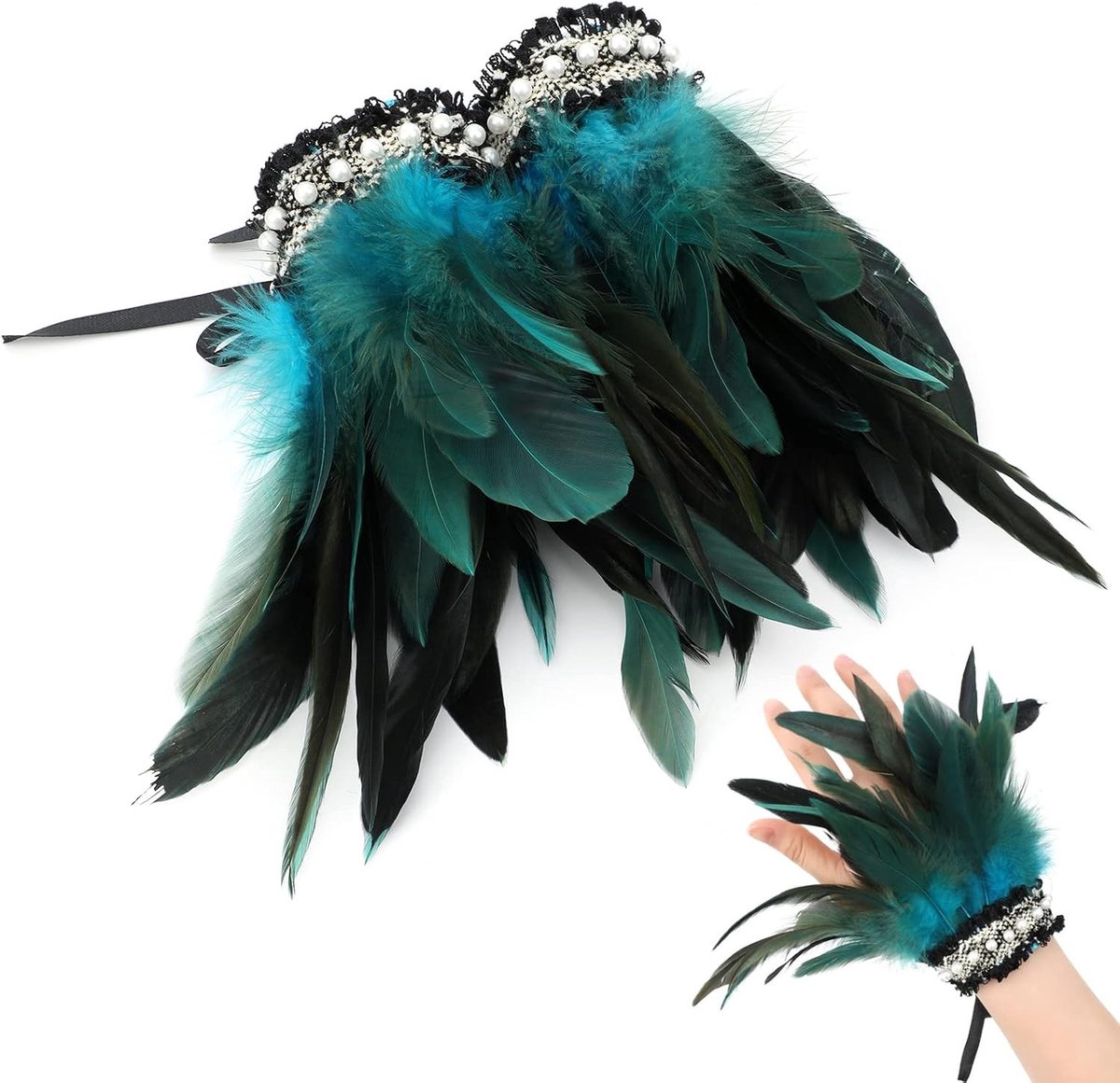 Feather Cuffs voor Vrouwen, Blauwe Veren Armbanden, Kostuumaccessoires voor Carnaval en Cosplay, Perfect voor Feestjes en Thema-evenementen