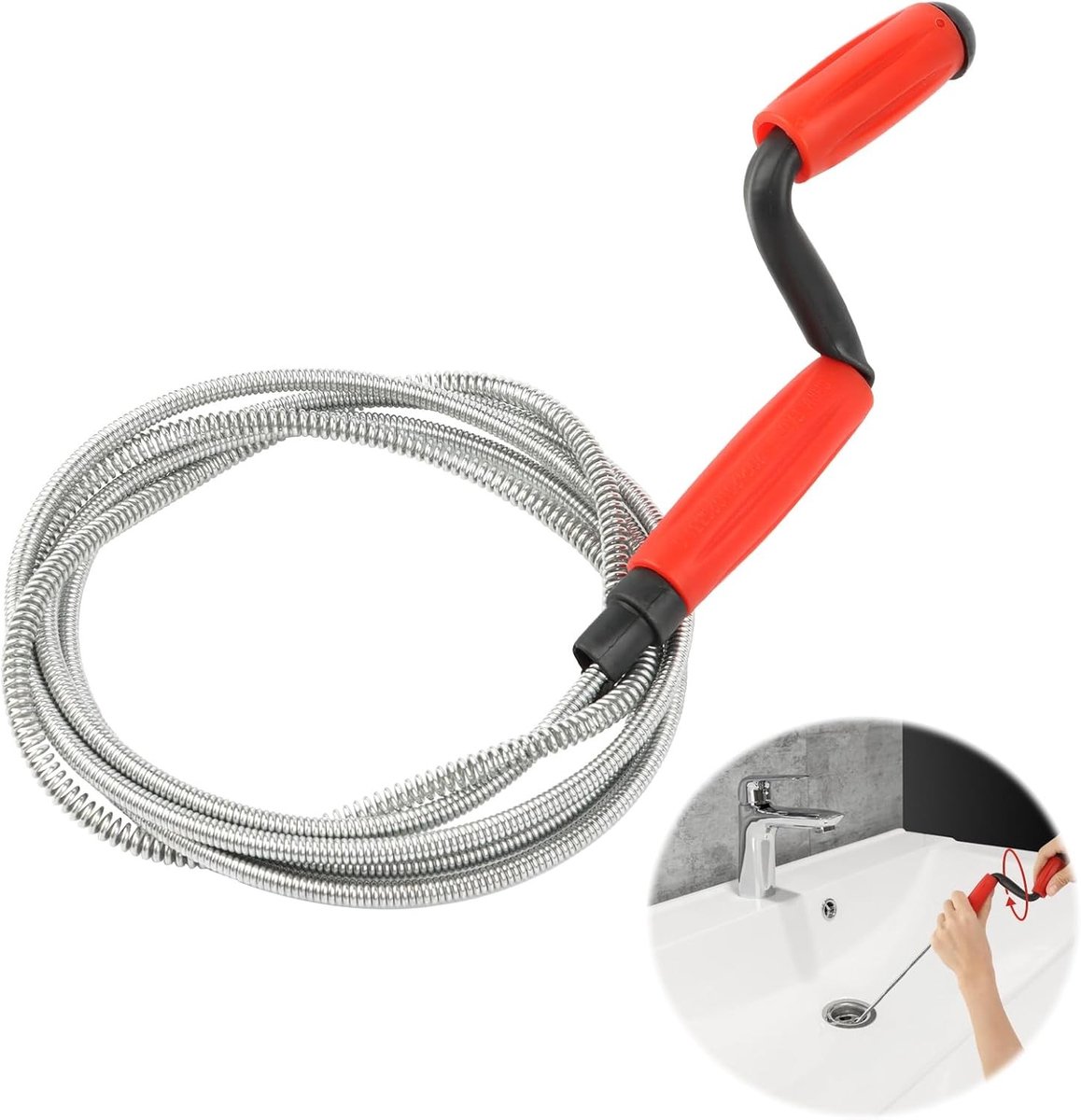 Drain Cleaner Spiral 235 cm x 6 mm - Afvoerreiniger voor Keuken, Badkamer, Toilet en Douche met Handkruk en Haak