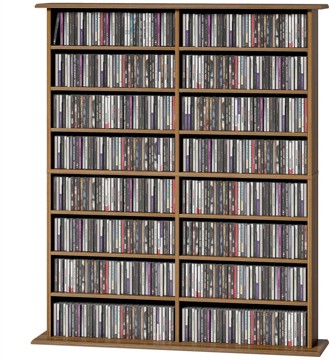 CD en DVD opbergrek - 16 compartimenten - 12 planken - capaciteit 720 CD's of 396 DVD's en Blu-ray - notenhout - in hoogte verstelbare planken