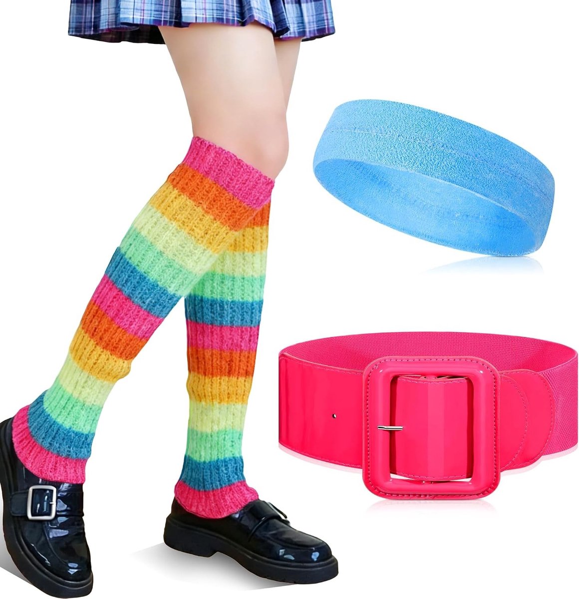 Retro 80s Kostuum Vrouwen Accessoires Set met Neon Beenwarmers, Luminous Haarband en Neon Riem voor Carnaval, Feestjes en Festivals