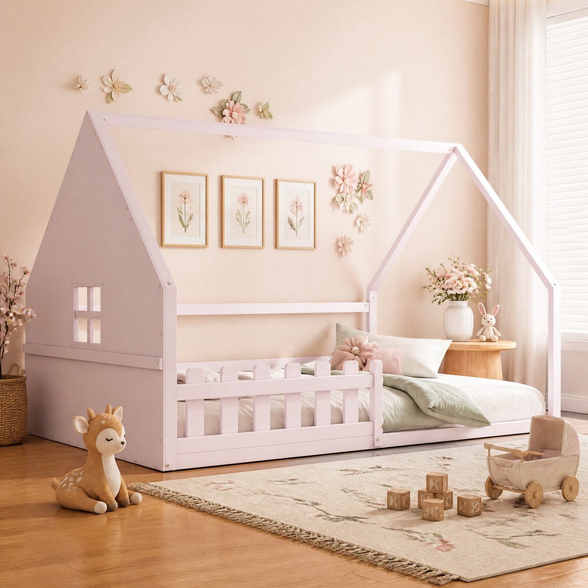 COVREO Kinderbed Flachbett 140x200 cm roze, huisbed met uitvalbeveiliging, grenenhout & MDF, kinderbed Pink