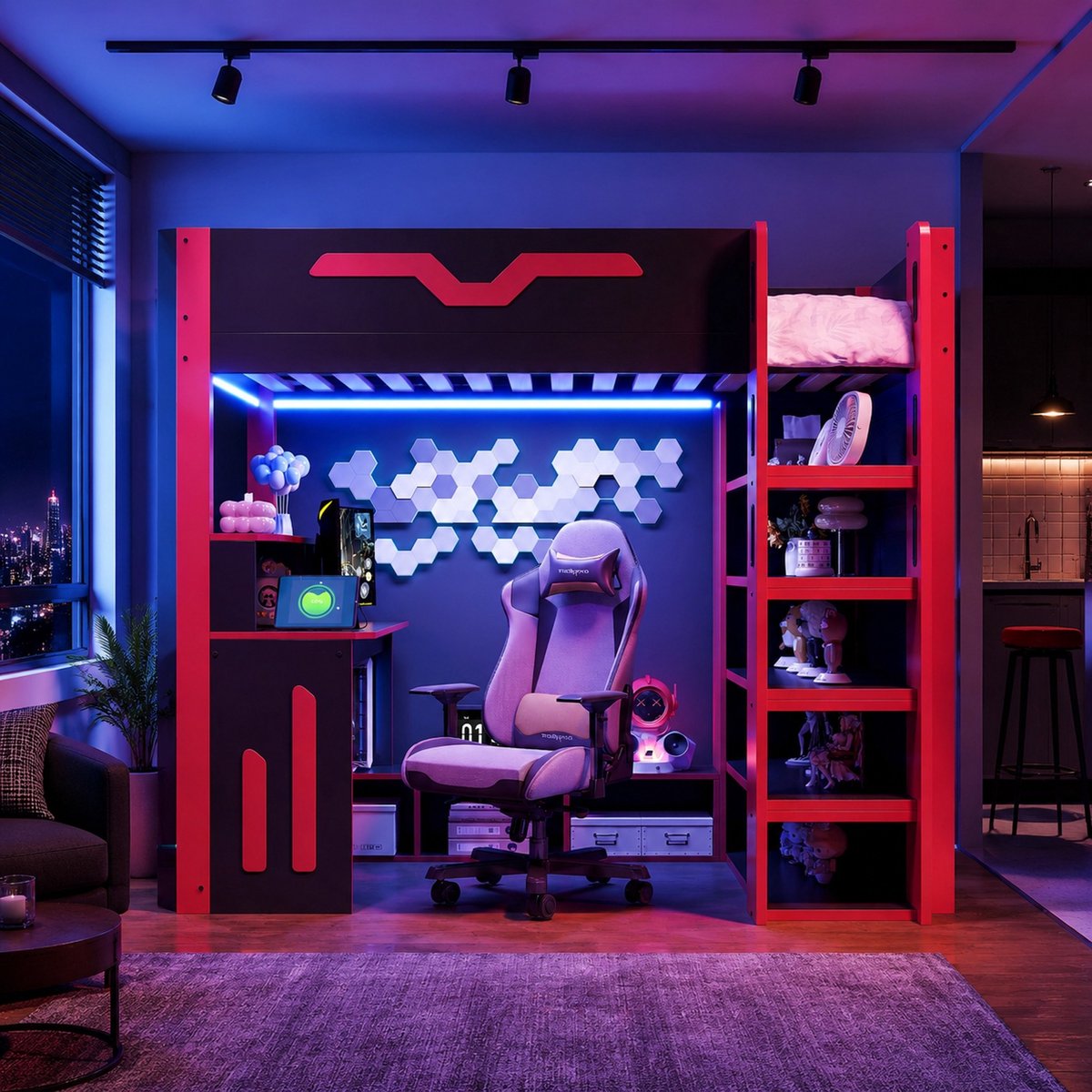 COVREO Hoogslaper met bureau en opbergruimte – 90x200 cm – Kinderbed van hout en MDF – met LED-verlichting en trap met opbergruimte – Zwart rood - zonder matras Zwart+Rood