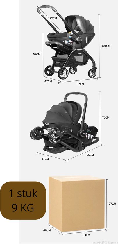 Afmetingen van de zwarte kinderwagen en autostoel, en de kartonnen verpakking.