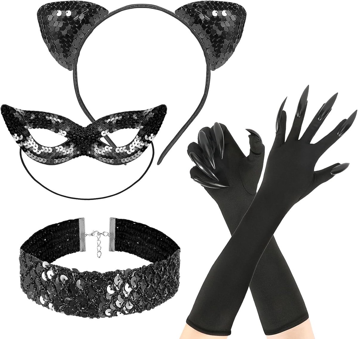 4-delige Kattenkostuum Set voor Dames met Oren, Masker, Ketting en Klauwen - Perfect voor Halloween, Carnaval en Cosplay Feesten