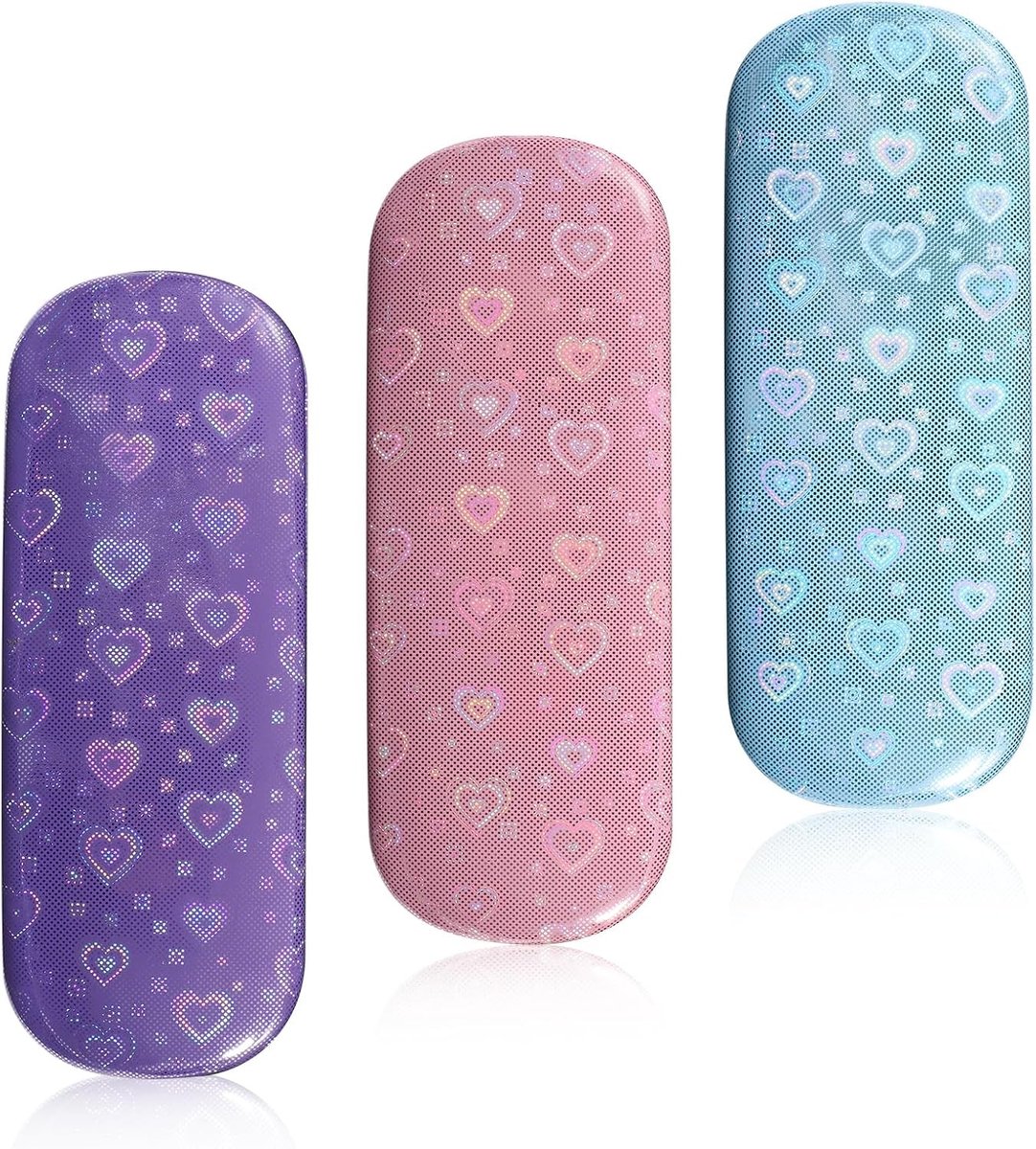 Drie-delige harde brillenkoker voor dames en meisjes, met bling hart en PU leer, geschikt voor de meeste brillen en zonnebrillen