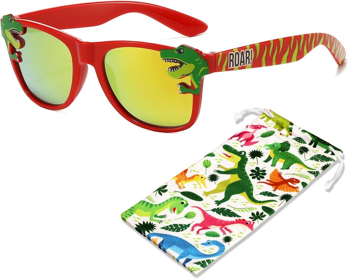 Zonnebril voor Kinderen met Dinosaurus Motief - UV Bescherming voor Jongens en Meisjes van 3-10 Jaar - Inclusief Bril Pouch voor Zomeractiviteiten