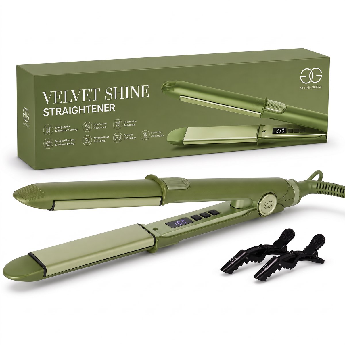 Golden Goods Velvet Shine - Professionele Stijltang - Krultang - Ionische Anti-Frizz Functie - 12 Temperaturen - Titanium & Keramische Coating - Matcha Groen
