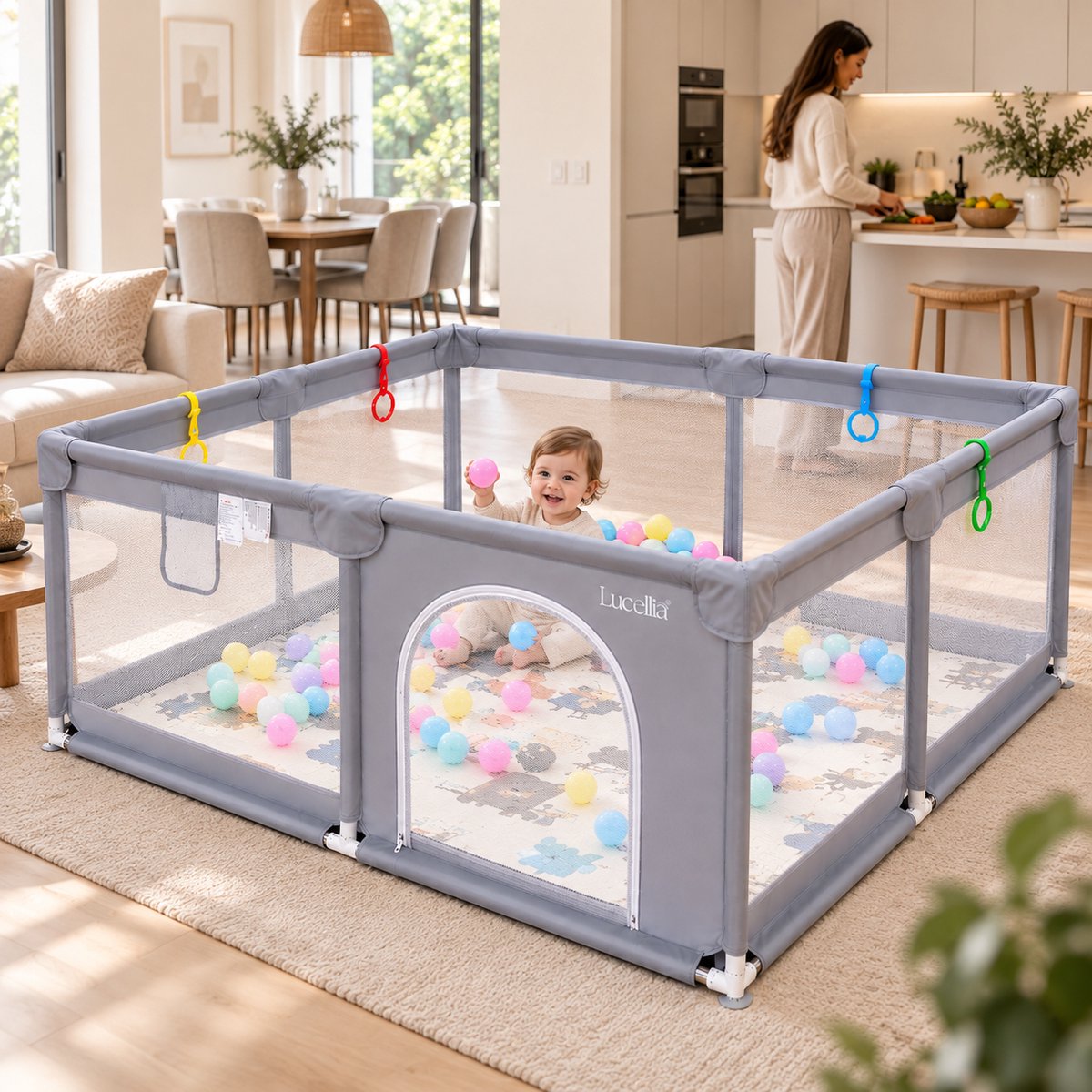 Lucellia® Grondbox Baby 120x160 cm – Speelbox met Dubbelzijdige Speelmat & 30 Speelballen – Kinderbox, Playpen & Baby Box – Draagtas – Licht Grijs – foto 4