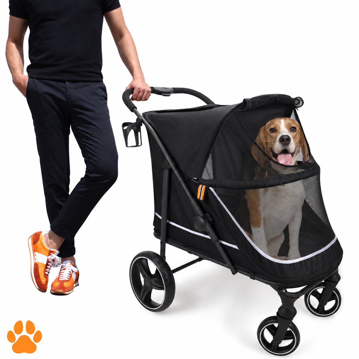 Hondenbuggy XL Inklapbaar – Tot 50 kg – 360° Wielen met Vering – Inclusief Regenhoes – Zwart