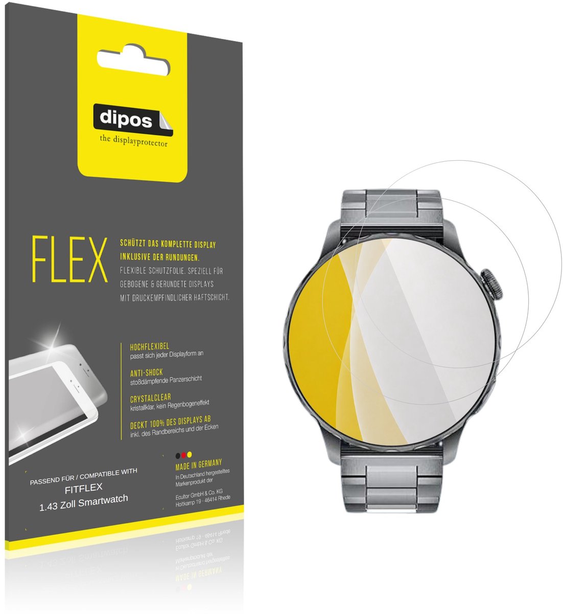 dipos – 2x Beschermfolie geschikt voor FITFLEX 1.43 Zoll Smartwatch | 3D Full Cover Screenprotector | 100% Passend