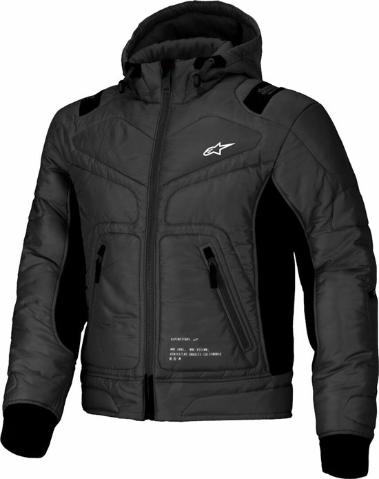Grijze jas met capuchon, gewatteerd met zwarte zijpanelen, rits en "Alpinestars" logo op de borst.