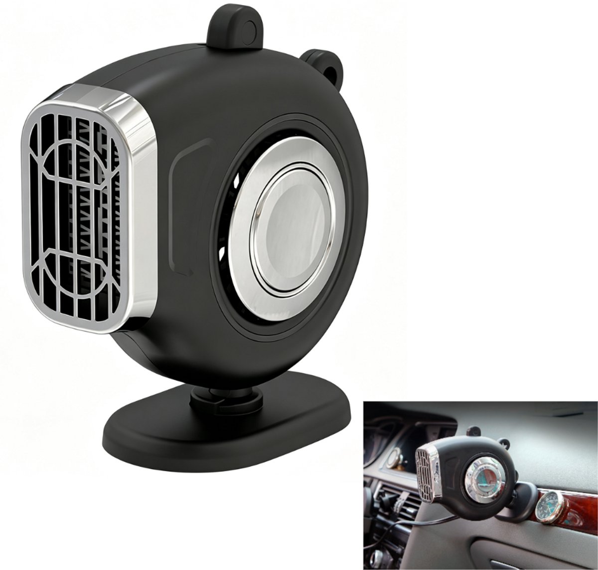 Autokachel - Ontwasemingsfunctie - Autoventilator - Ontdooier - Inclusief sigarettenaanstekeraansluiting - In meerdere hoeken verstelbaar - Koel- en verwarmingsfunctie (Zwart - 12V)