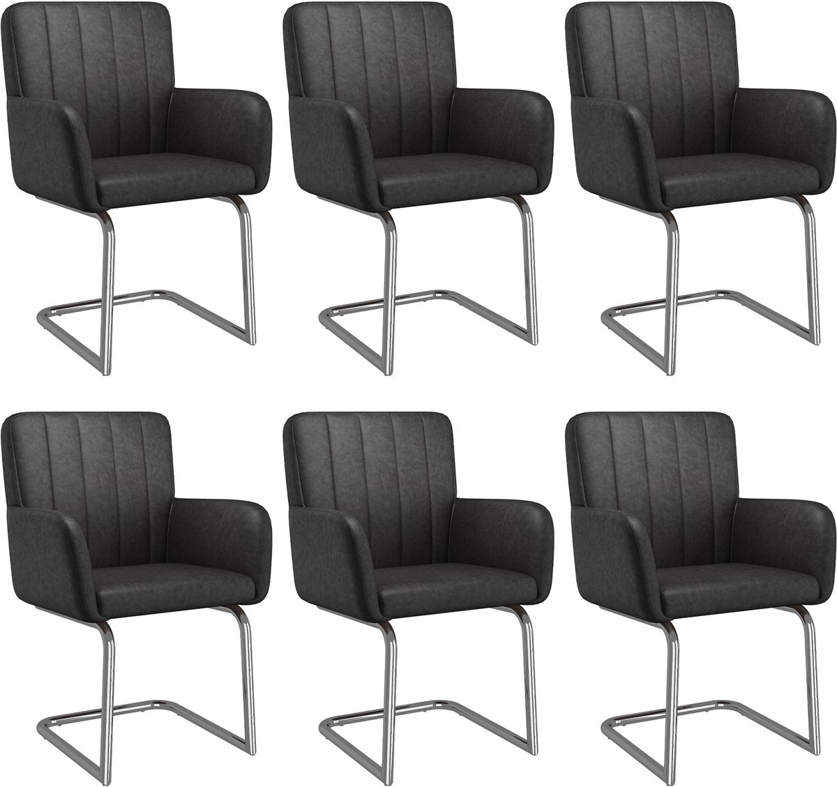 MUVANO Set van 6 eetkamerstoelen - Eetkamerstoelen met verticale strepen - Zwarte kunstleren stoelen - 56x57x86 cm - Ergonomisch - Eetkamer Zwart