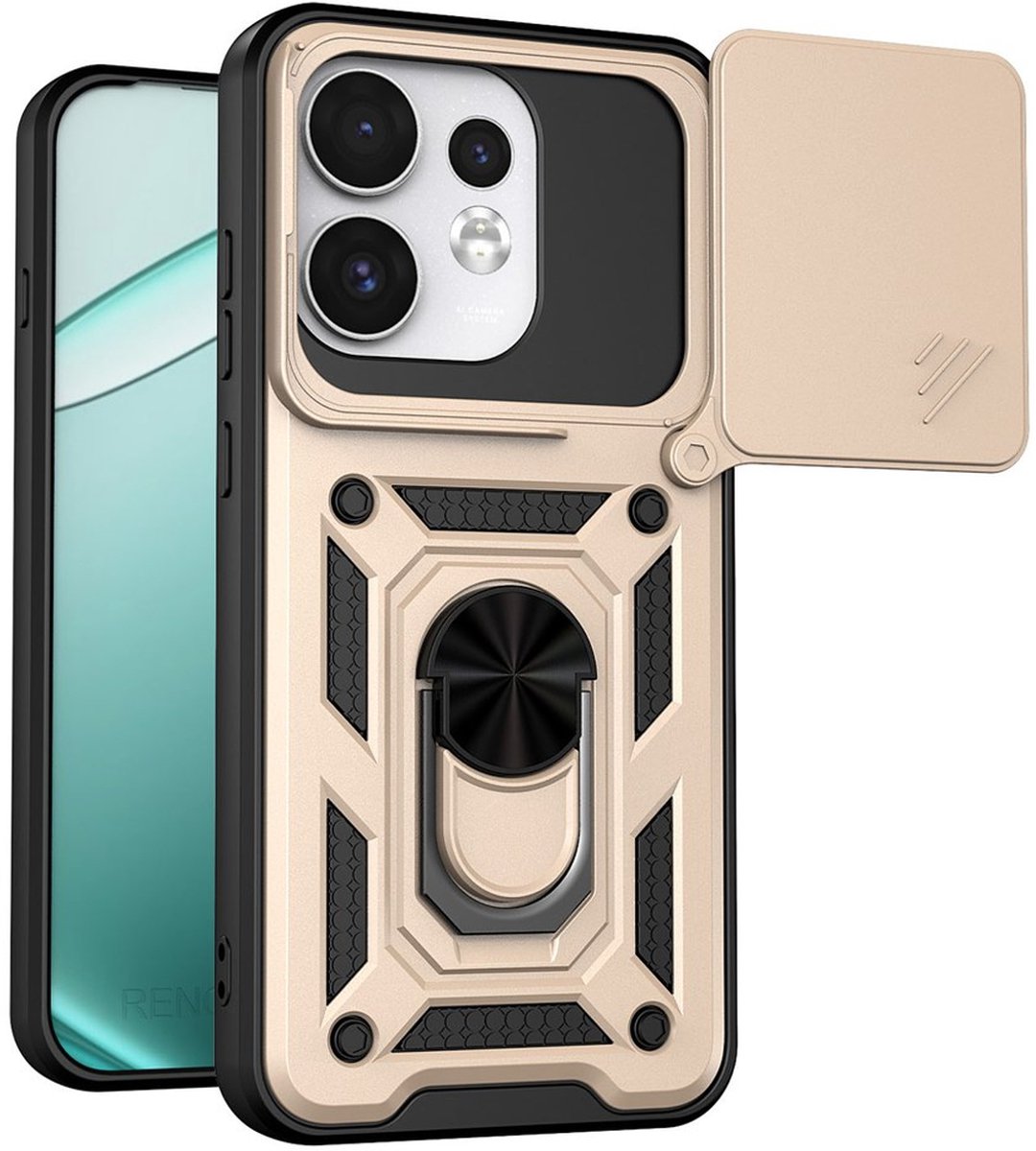 MobyDefend Hoesje - Geschikt voor Oppo Reno16 / 16 Pro - Pantsercase Met Draaibare Ring - Goud