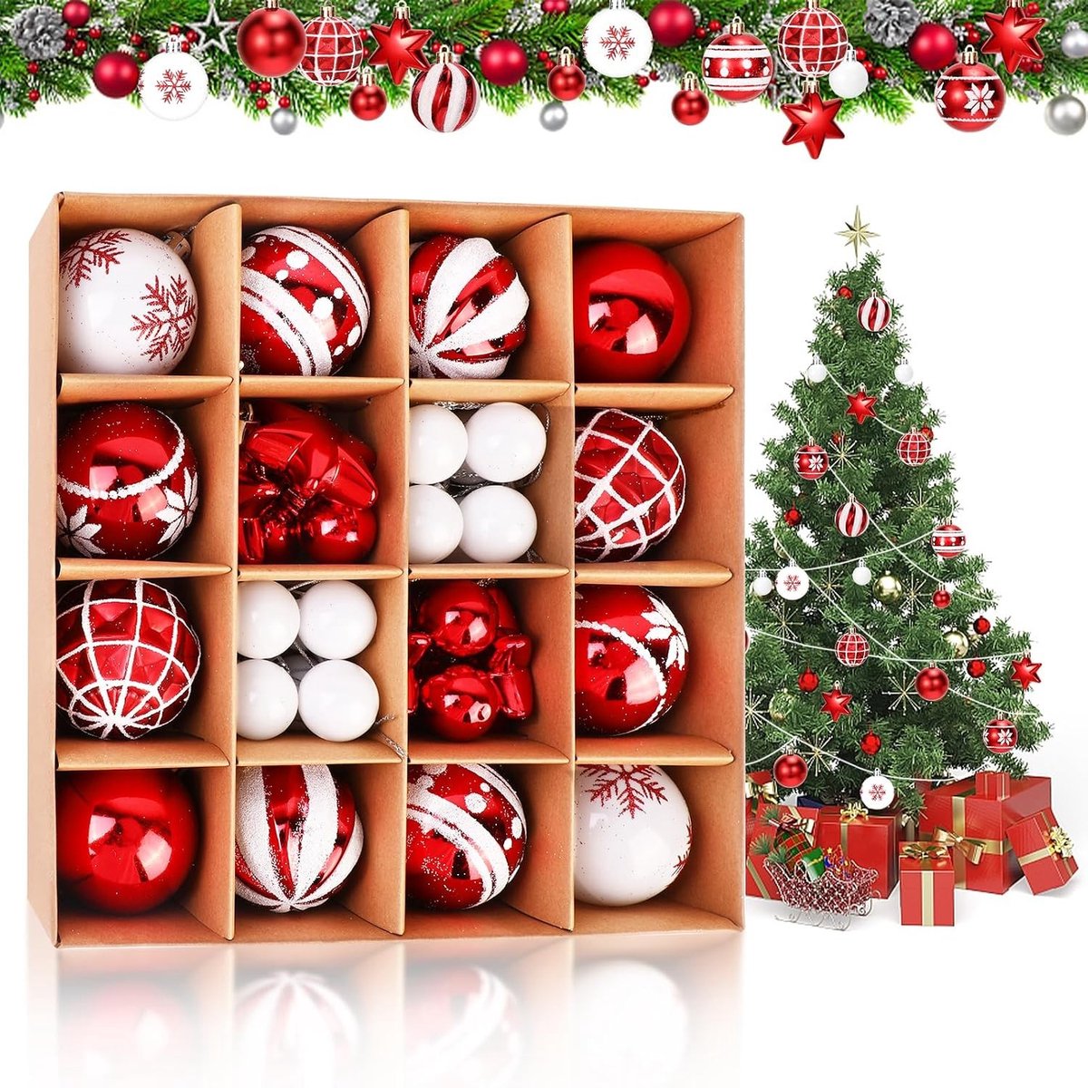 42 Stuks Schokbestendige Hangende Kerstballen voor Boom, Krans en Feestdecoratie - 6cm (Rood, Wit)