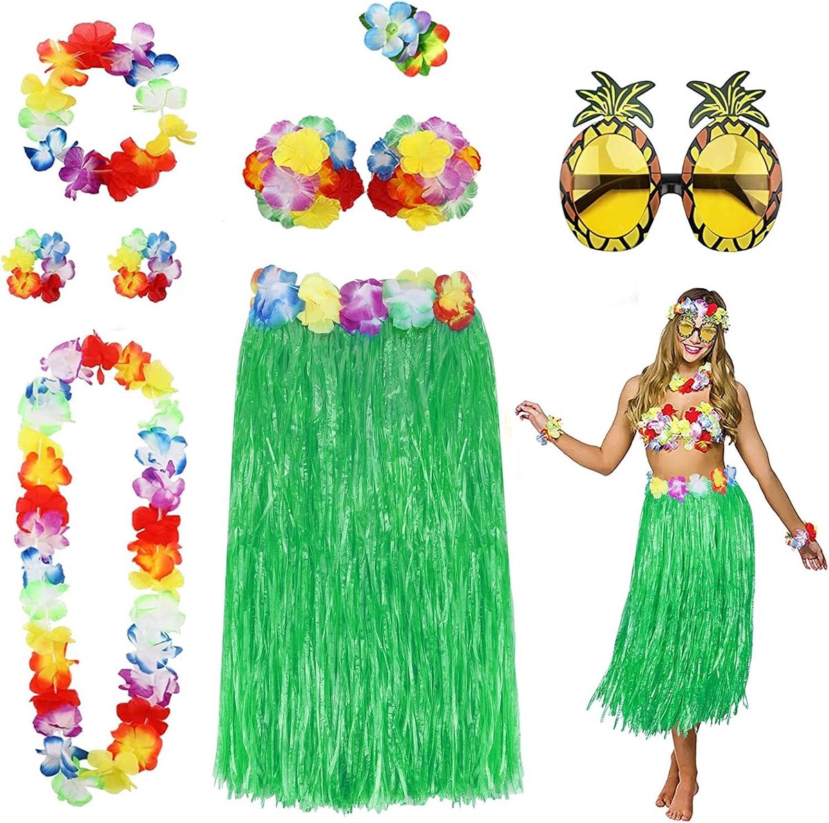 8-Pack Hula Rok Kostuum Accessoires Set voor Hawaii Luau Feest - Dansende Hula met Bloemen Bikini Top, Hibiscus Haarclip en Ananas Zonnebril voor Vrouwen (Groen)