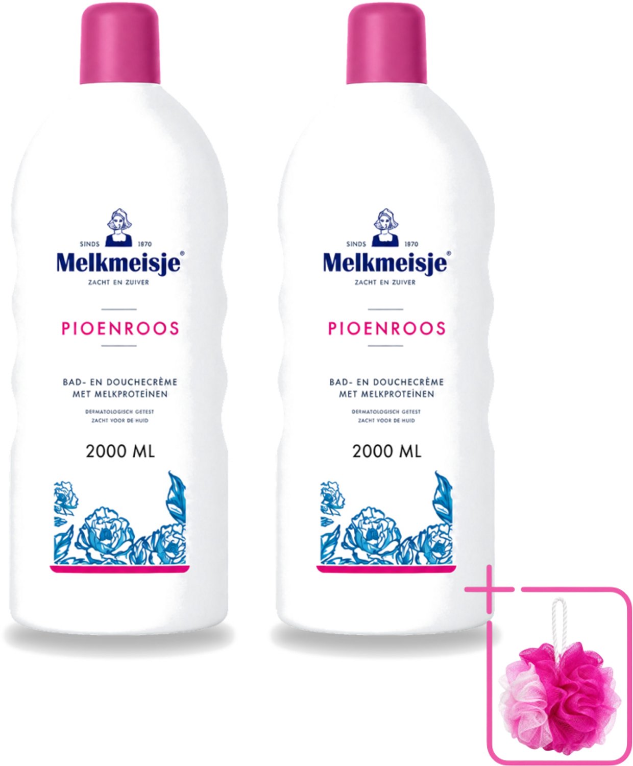 2 x Melkmeisje - Bad & Douche - Pioenroos Geur - Verzorgend & Hydraterend - 2000 ml - Bulkverpakking - Douchecrème - Douchemop - Melkmeisje