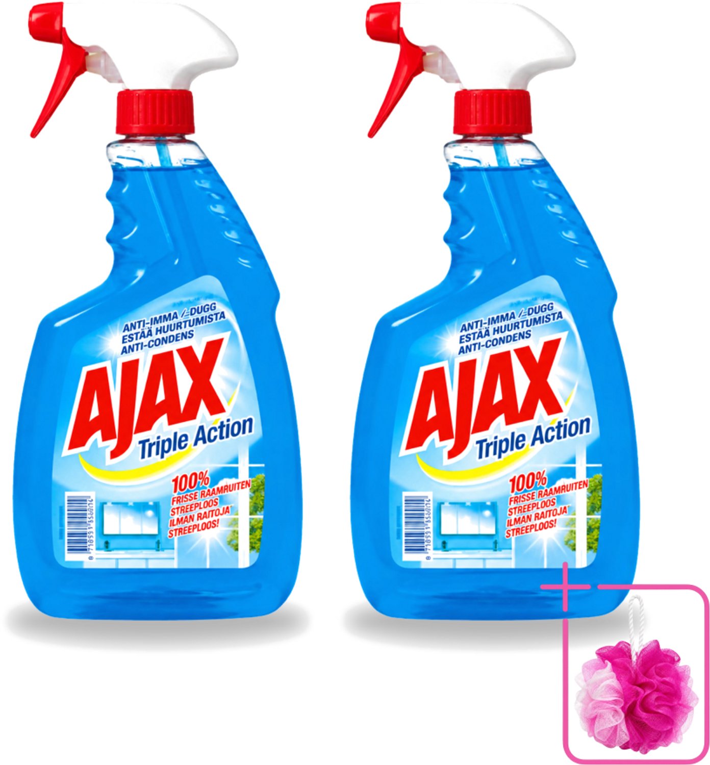 2 x Ajax - Glasreiniger Spray - Triple Action - Streeploos Schoon - Anti-Condens - 750 ml - Bulkverpakking - Glas reinigen - Douchemop - Ramen reinigen