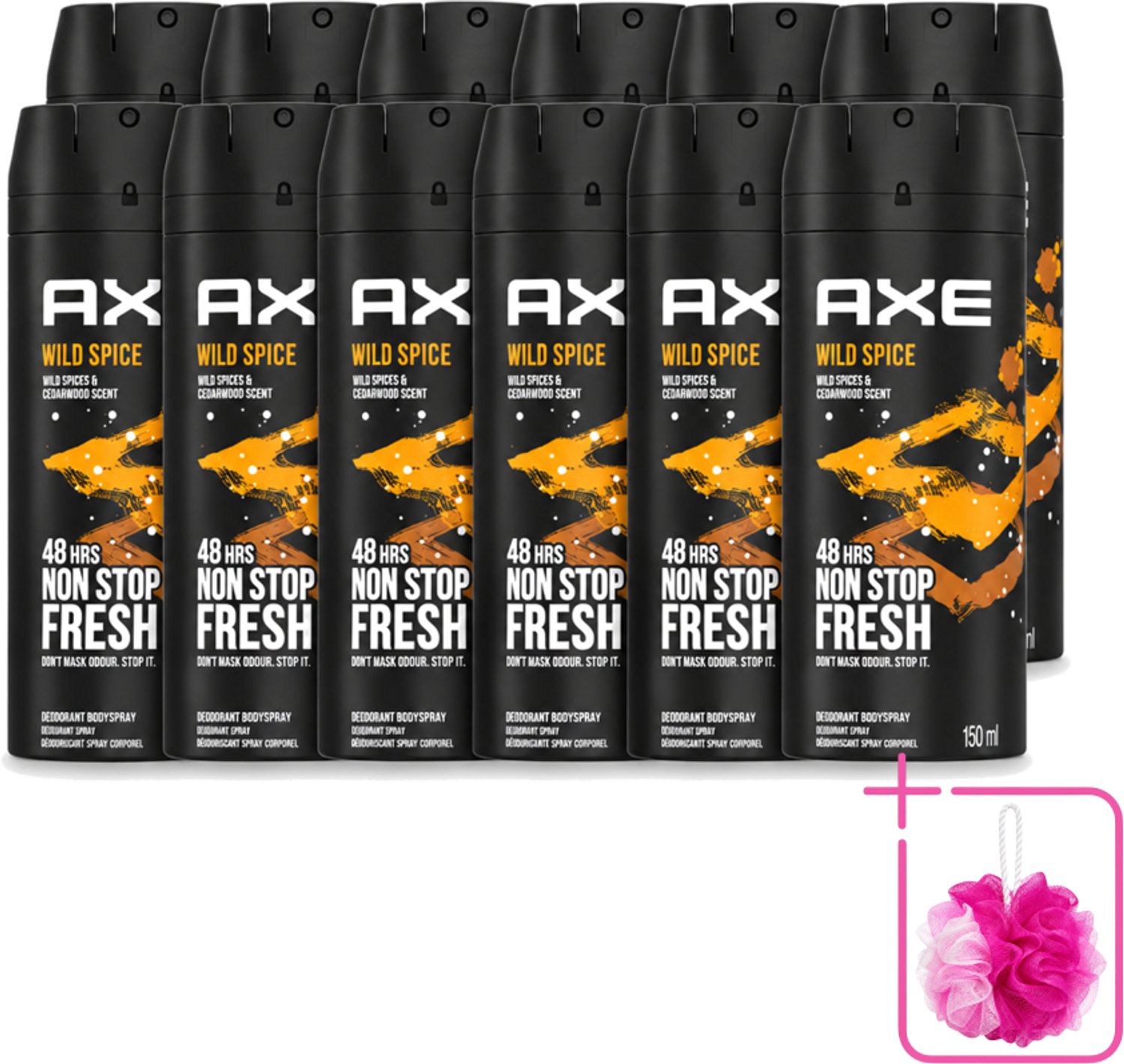 12 x Axe - Deodorant Bodyspray - 48hrs Non Stop Fresh - Wild Spice - Wild Spices & Cedarwood - 150 ml - Bulkverpakking - Deodorant - Douchemop - Bodyspray