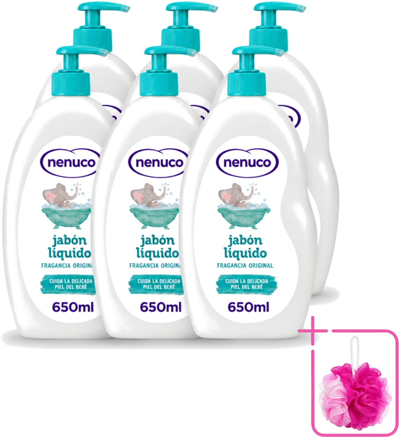 6 x Nenuco - Jabon Líquido - Vloeibare Zeep - Originele Geur - Met Doseerpomp - 650 ml - Bulkverpakking - Vloeibare zeep - Douchemop - Zeep voor baby