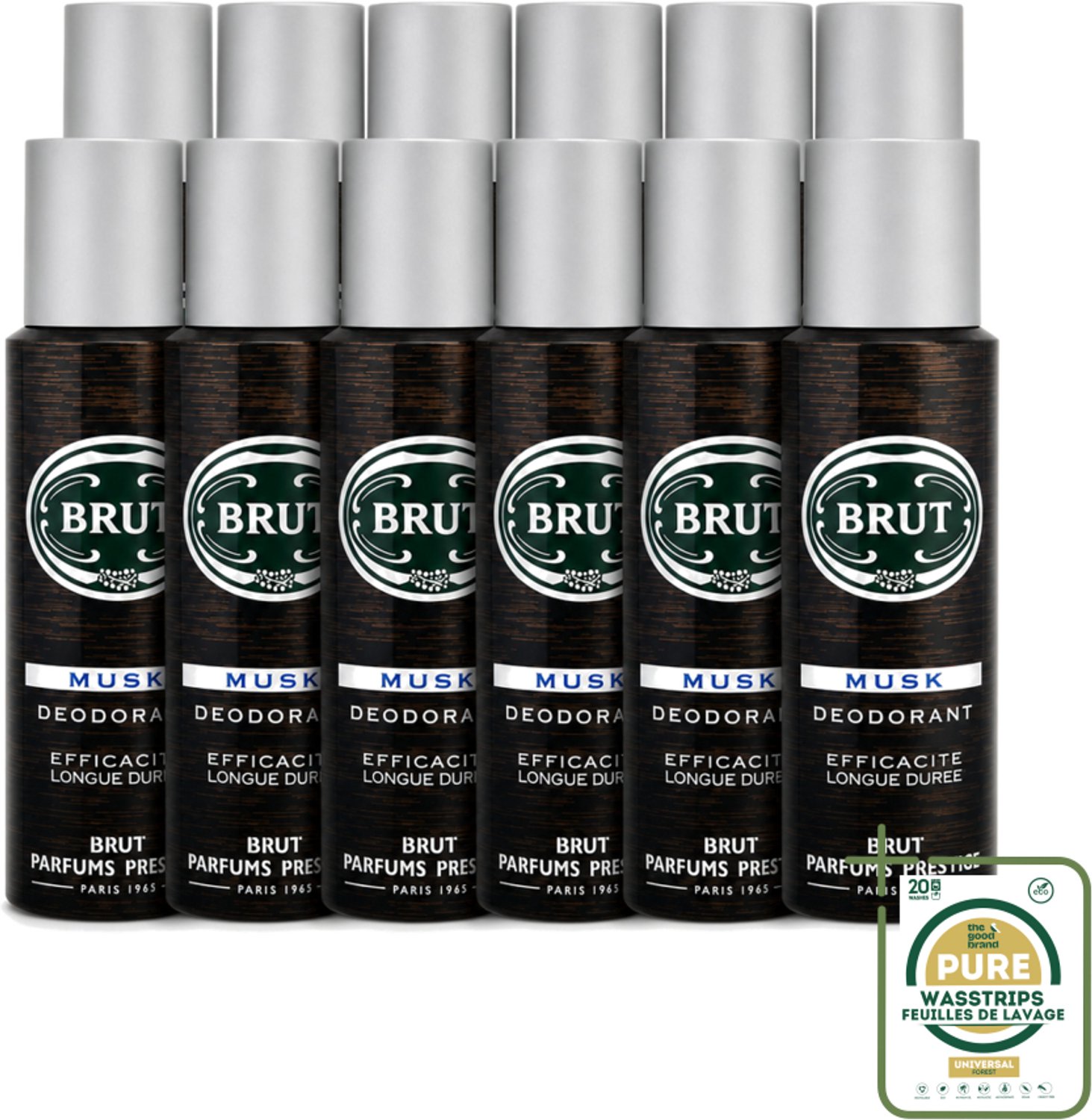 12 x Brut - Deodorant - Spray - Musk - Klassieke mannengeur - 200ml - Wasstrips - Brut Musk - Deodorant Spray - Mannelijke Geur - Muskus - Houtachtige Geur