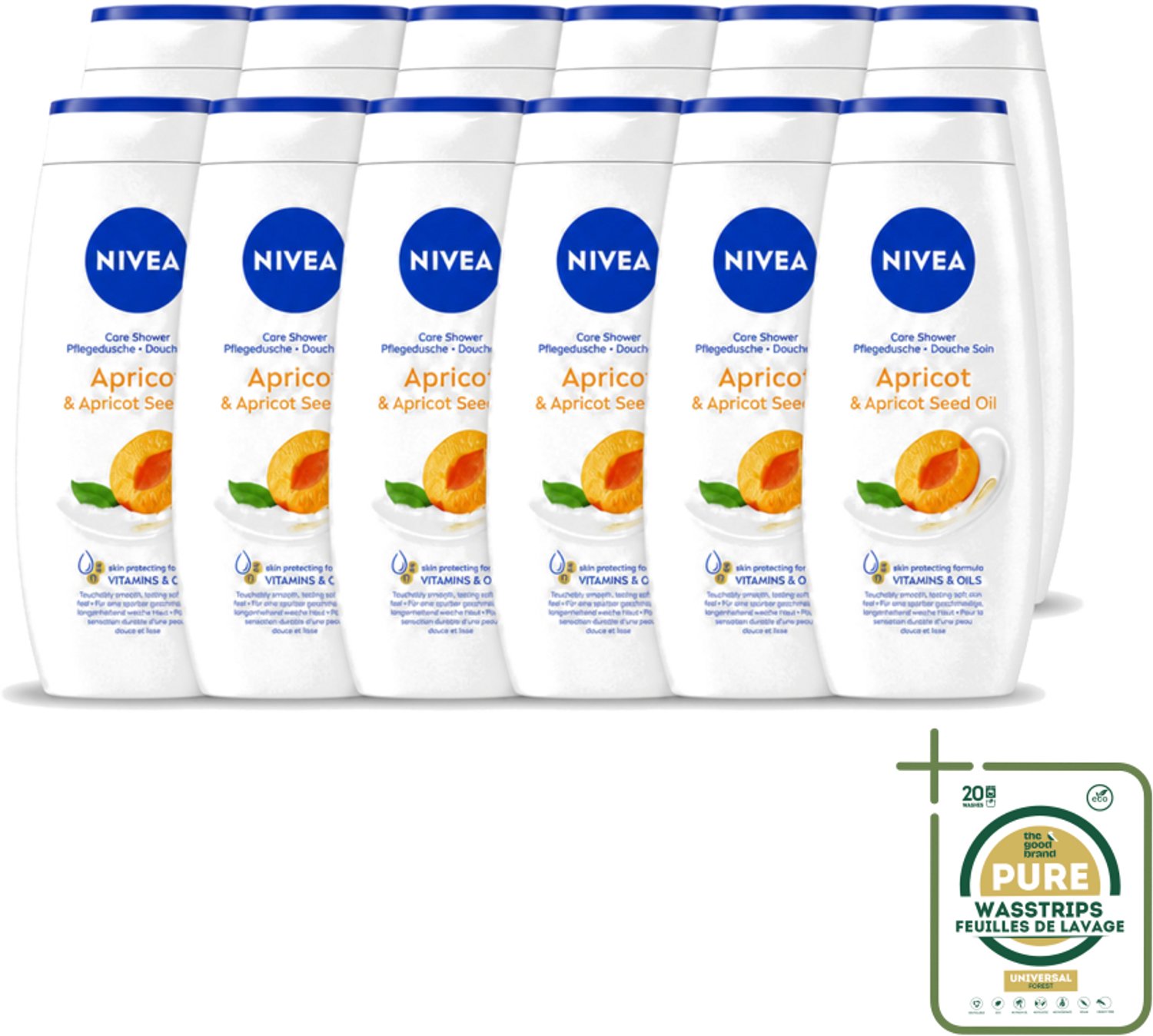 12 x Nivea - Douchegel - Soft Apricot - Huidbeschermend - 250 ml - Wasstrips - Douchegel - Huidbeschermend - Abrikozenpitolie - Druivenpitolie - Vitamine C