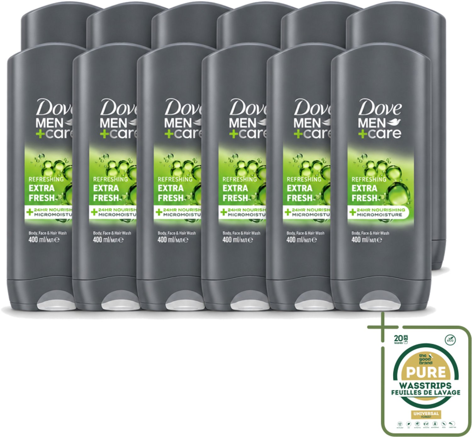 12 x Dove - Douchegel - Men+ Care Extra Fresh - Verfrissend - 400 ml - Wasstrips - Douchegel Mannen - Reiniging Mannenhuid - Frisse Geur - Energie Gevoel - Milde Douchegel
