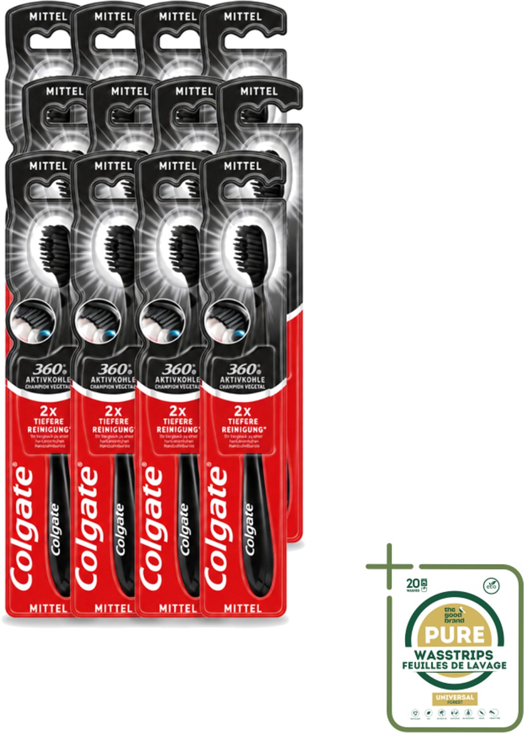 12 x Colgate - Tandenborstel - Charcoal Black 360 Medium - Zwart - 1 Tandenborstel - Tandenborstel - Houtskool - Tandenborstel Houtskool - Mondverzorging - Tandenborstel 360