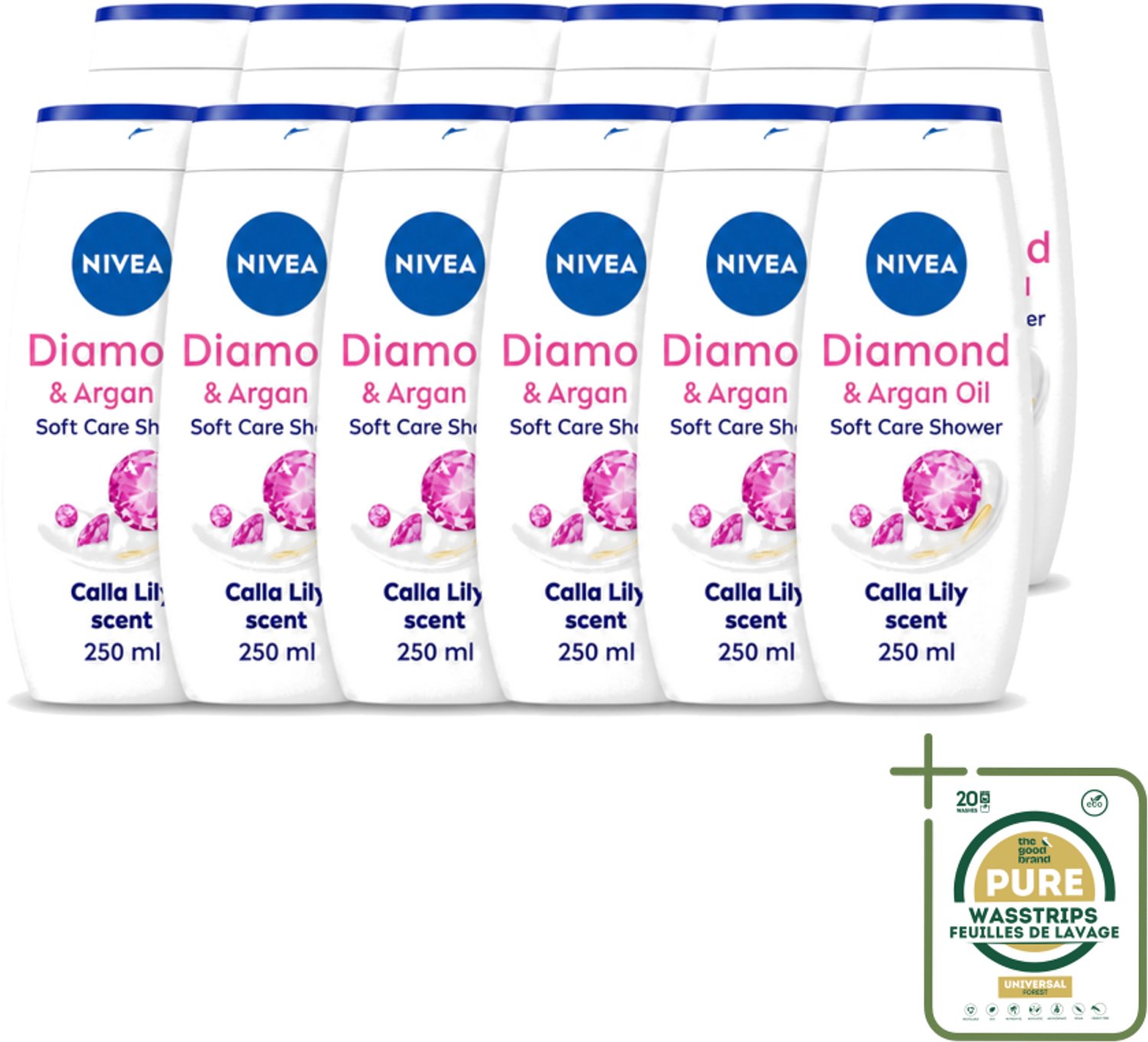 12 x Nivea - Diamond Touch Douchegel - Sensuele Leliegeur - 250 ml - Wasstrips - Douchegel - Diamantpoeder - Witte Aronskelk - Hydratatie - Luxe Douchegel