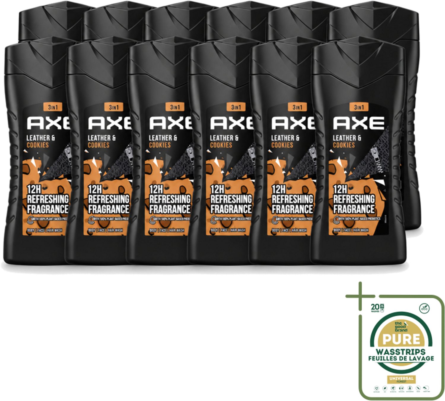 12 x Axe - 3-in-1 Douchegel - Leather & Cookies - 100% Plantaardig - 250 ml - Wasstrips - 3-in-1 Douchegel - Douchegel Voor Lichaam - Douchegel Voor Gezicht - Douchegel Voor Haar - Geur Leer En Koekjes