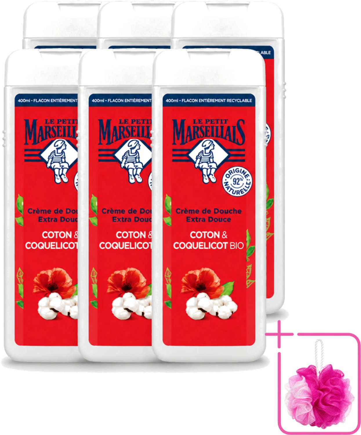 6 x Le Petit Marseillais – Douchegel – Bio Katoenmelk & Papaver – 400 ml - Bulkverpakking - Douchegel bio - Douchemop - Katoenmelk