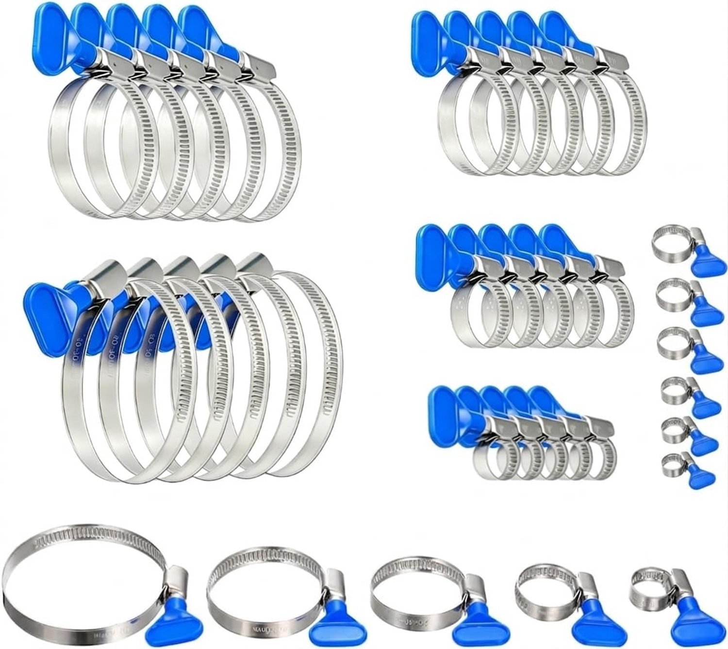 Slangklemmen, set van 30 stuks, roestvrij staal, 8-70 mm, met vleugelmoer - ShopVlot