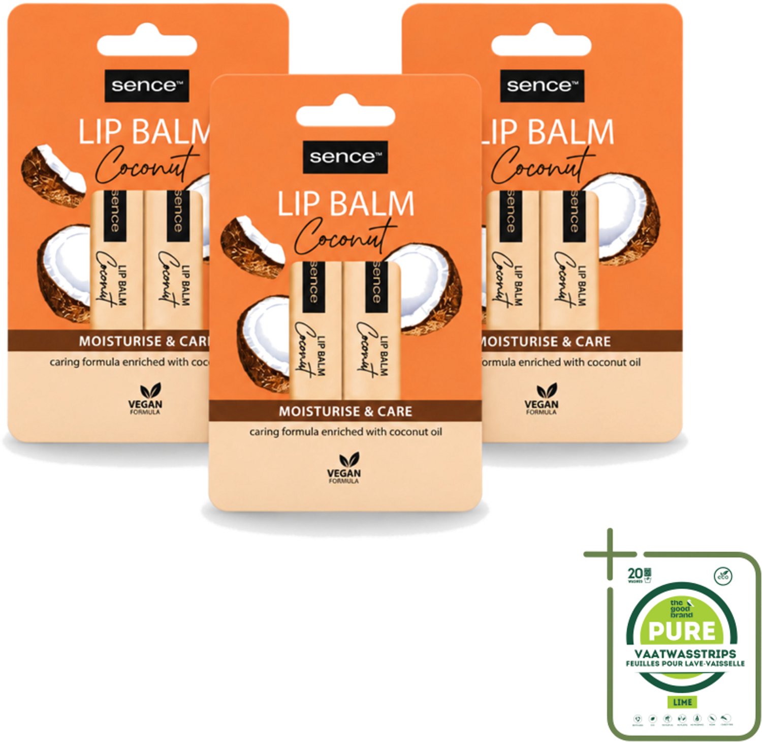 3 x Sence - Moisturise & Care - Lippenbalsem Duo - Verzorgend - 2 x 4,3 g - Grootverpakking - Vaatwasstrips - Lippenbalsem - Kokos - Lippenverzorging - Hydraat - Bescherming