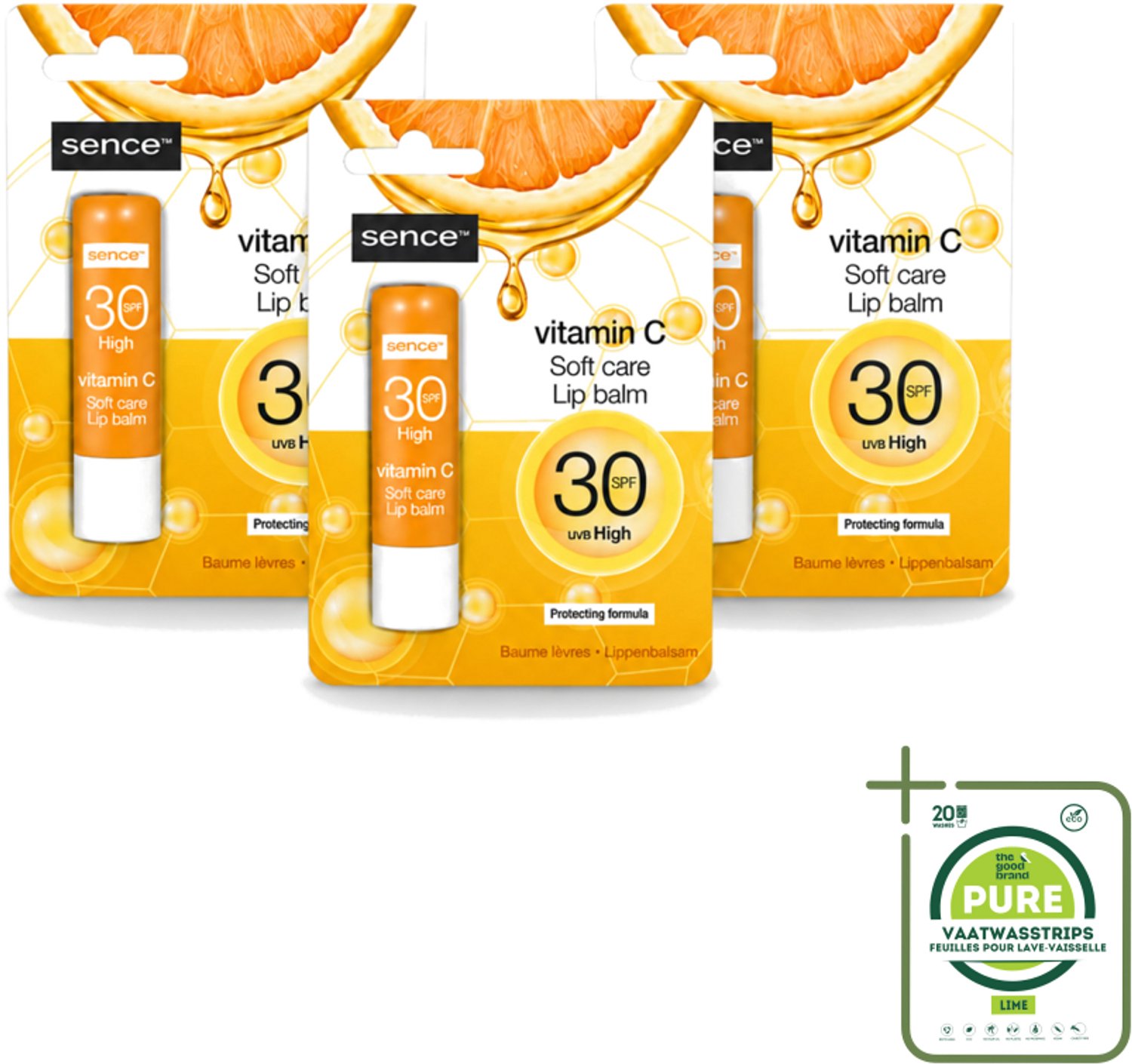 3 x Sence - Soft Care Vitamin C - Lippenbalsem - Hydraterend - 4,3 g - Grootverpakking - Vaatwasstrips - Lippenbalsem - Vitamine C - Hydratatie - Verzorging - Droge Lippen