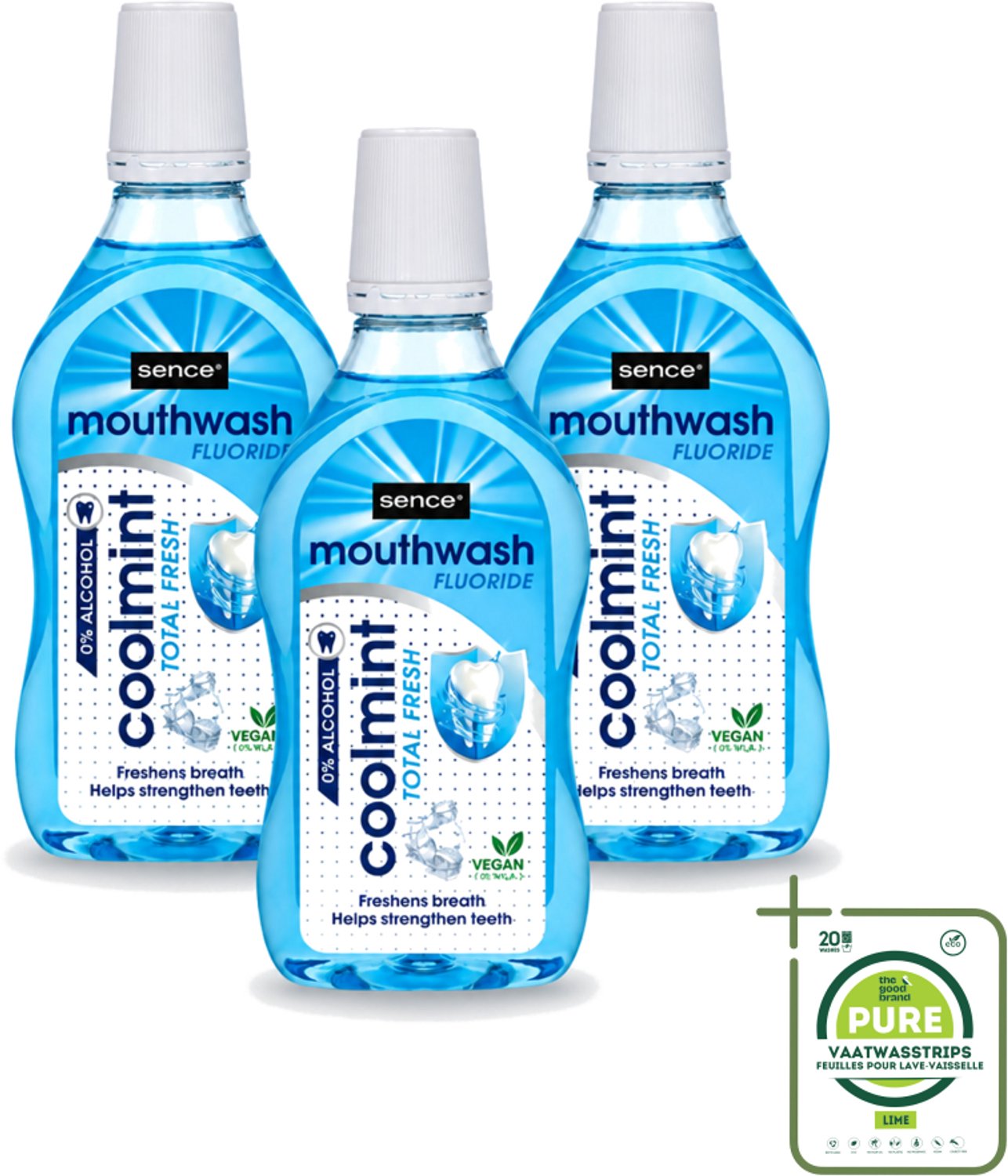 3 x Sence - Fresh Coolmint - Mondwater - Verfrissend - 500 ml - Grootverpakking - Vaatwasstrips - Mondwater - Frisse Adem - Koele Mint - Fluoride - Mondhygiëne